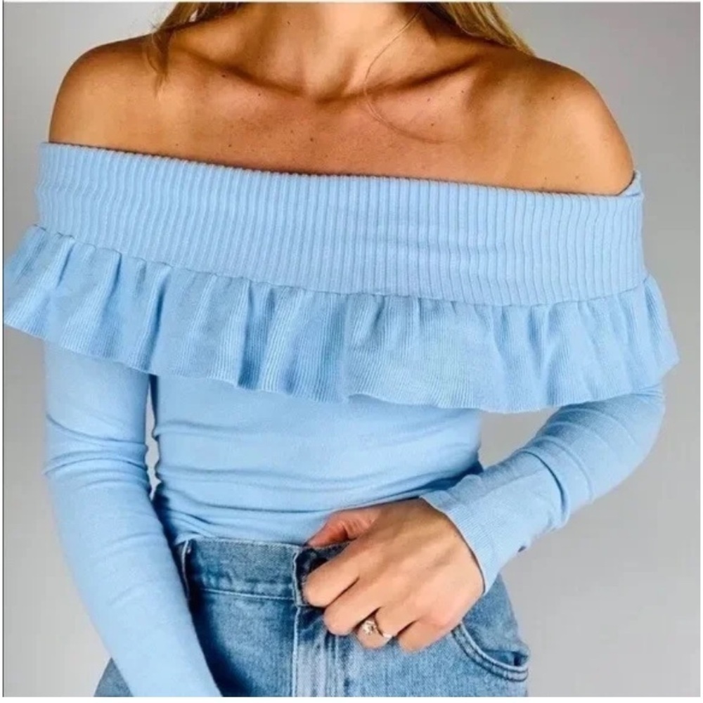Lilly Pulitzer Off the Shoulder Ruffle Siesta Sweater Crew Periwinkle Blue Small - Picture 4 of 14